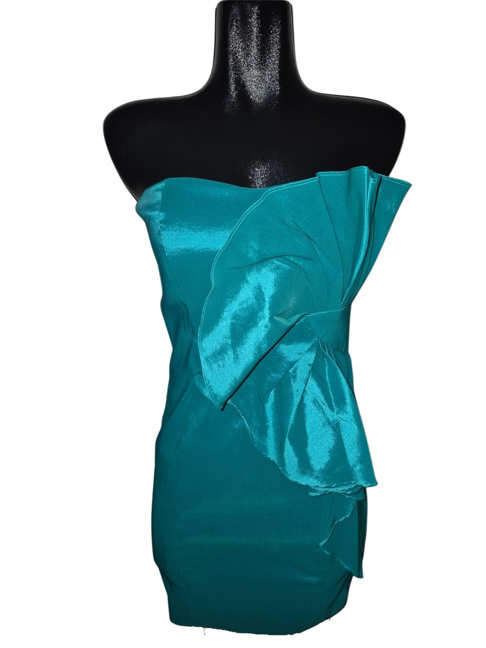Eclipse Y2K Strapless Teal Cocktail Mini Bodycon Dress with Sculpted Ruffle L